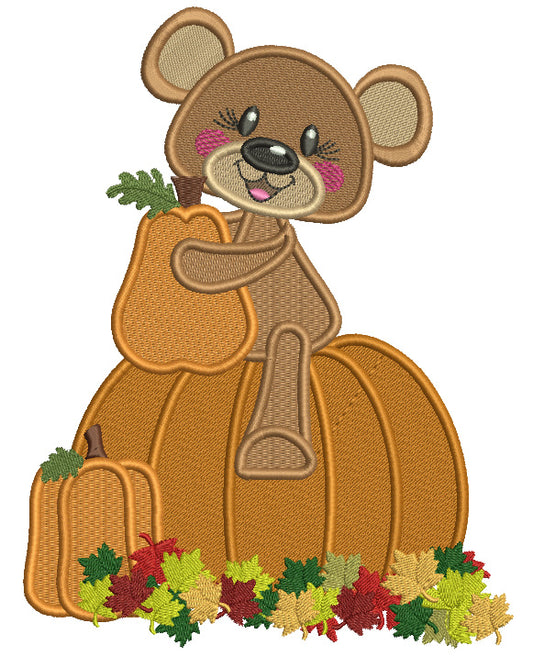 Cute Little Bear Sitting On The Giant Pumpkin With Leaves Fall Filled Machine Embroidery Design Digitized Pattern