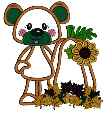 Cute Little Bear Standing Next To Pumpkins With Fall Leaves Applique Machine Embroidery Design Digitized Pattern