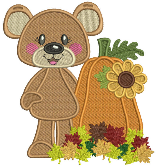 Cute Little Bear Standing Next To Pumpkins With Fall Leaves Filled Machine Embroidery Design Digitized Pattern