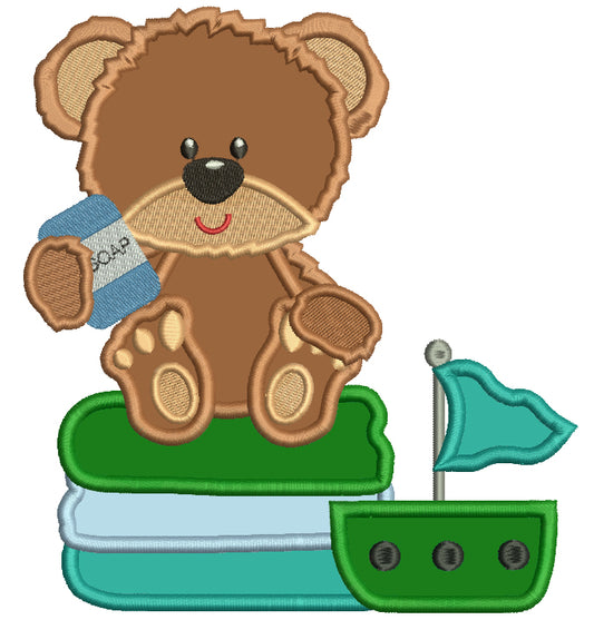 Cute Little Bear Taking a Bath Applique Machine Embroidery Design Digitized Pattern