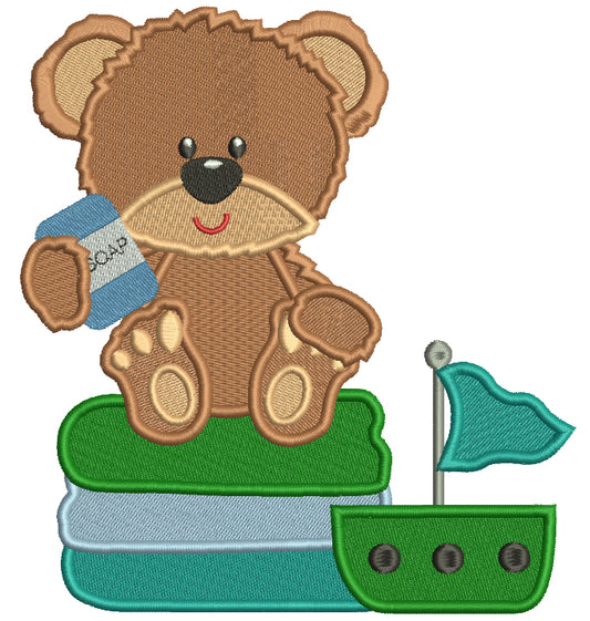 Cute Little Bear Taking a Bath Filled Machine Embroidery Design Digitized Pattern