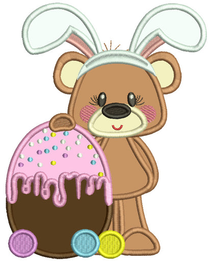 Cute Little Bear Wearing Bunny Ears Holding Easter Egg Applique Machine Embroidery Design Digitized Pattern
