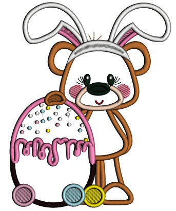 Cute Little Bear Wearing Bunny Ears Holding Easter Egg Applique Machine Embroidery Design Digitized Pattern