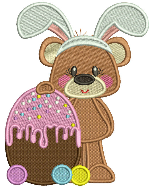 Cute Little Bear Wearing Bunny Ears Holding Easter Egg Filled Machine Embroidery Design Digitized Pattern