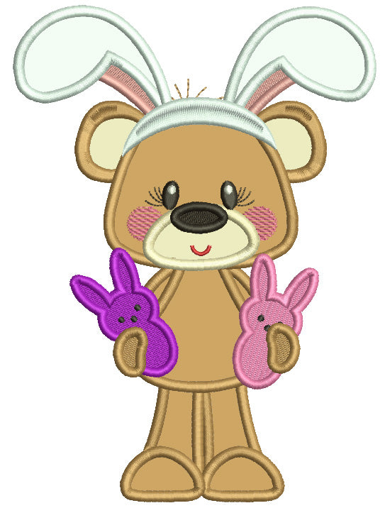 Cute Little Bear Wearing Bunny Ears Holding Two Easter Bunnies Applique Machine Embroidery Design Digitized Pattern