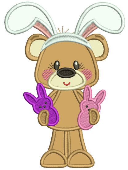 Cute Little Bear Wearing Bunny Ears Holding Two Easter Bunnies Applique Machine Embroidery Design Digitized Pattern