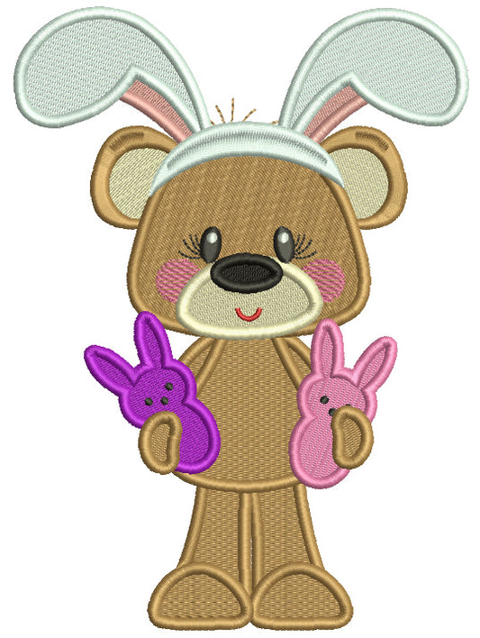 Cute Little Bear Wearing Bunny Ears Holding Two Easter Bunnies Filled Machine Embroidery Design Digitized Pattern