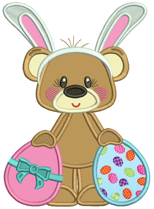 Cute Little Bear Wearing Bunny Ears Holding Two Easter Eggs Applique Machine Embroidery Design Digitized Pattern