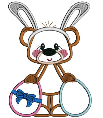 Cute Little Bear Wearing Bunny Ears Holding Two Easter Eggs Applique Machine Embroidery Design Digitized Pattern