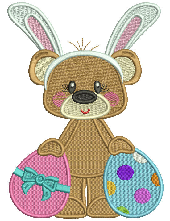 Cute Little Bear Wearing Bunny Ears Holding Two Easter Eggs Filled Machine Embroidery Design Digitized Pattern