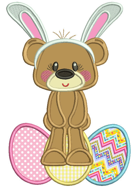 Cute Little Bear Wearing Bunny Ears Sitting On An Easter Egg Applique Machine Embroidery Design Digitized Pattern