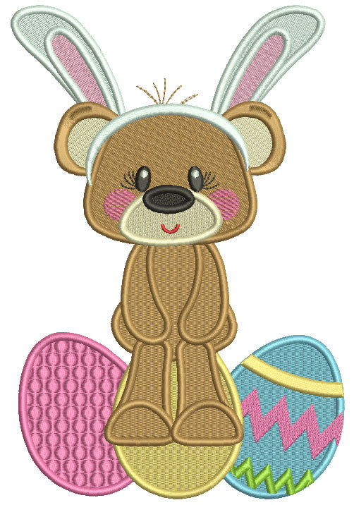 Cute Little Bear Wearing Bunny Ears Sitting On An Easter Egg Filled Machine Embroidery Design Digitized Pattern
