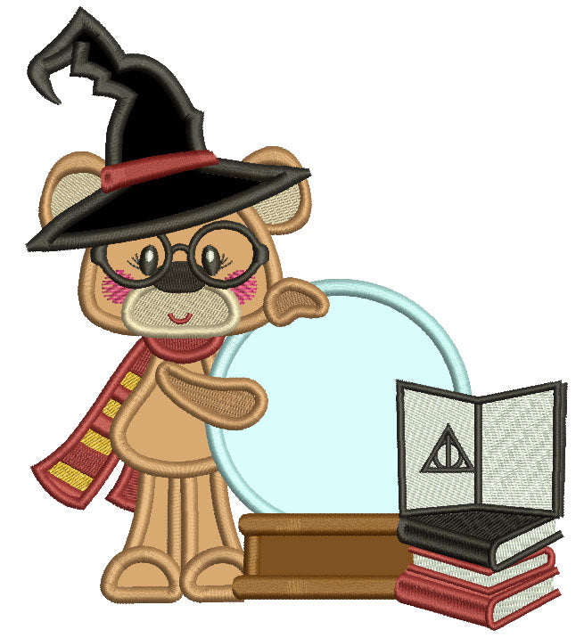 Cute Little Bear Wearing Hagwort's Hat And Gryffindor Scarf Applique Machine Embroidery Design Digitized Pattern