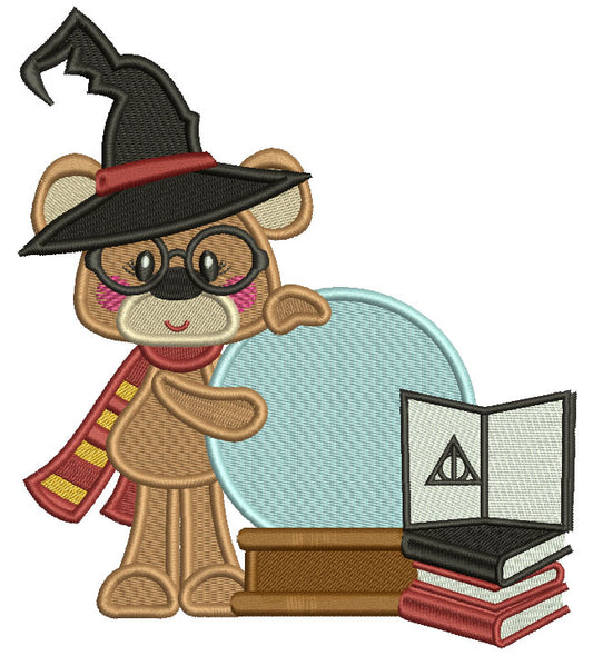 Cute Little Bear Wearing Hagwort's Hat And Gryffindor Scarf Filled Machine Embroidery Design Digitized Pattern