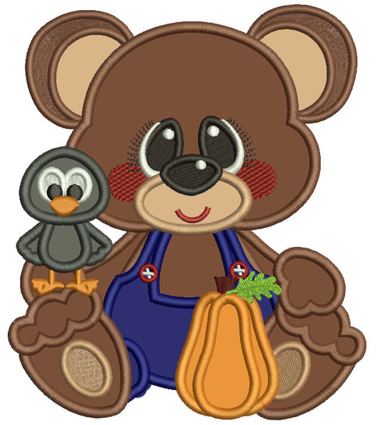 Cute Little Bear Wearing Overalls With Crow Fall Applique Machine Embroidery Design Digitized Pattern