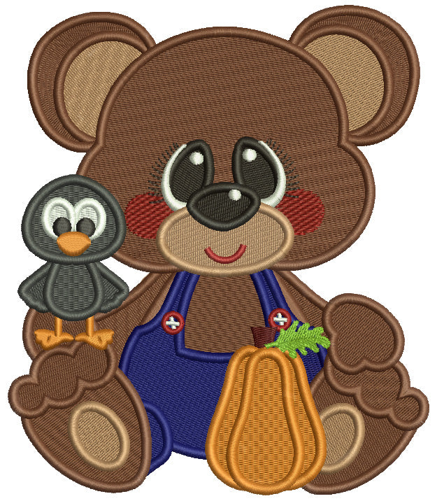 Cute Little Bear Wearing Overalls With Crow Fall Filled Machine Embroi ...