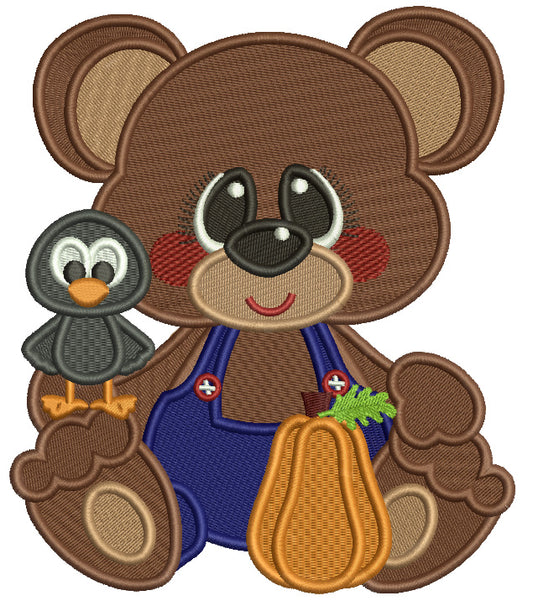 Cute Little Bear Wearing Overalls With Crow Fall Filled Machine Embroidery Design Digitized Pattern