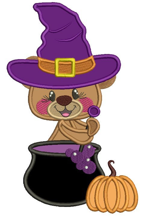 Cute Little Bear Witch Stirring The Pot Applique Halloween Machine Embroidery Design Digitized Pattern