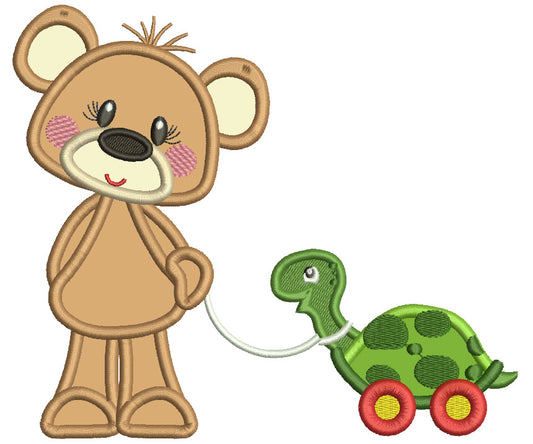 Cute Little Bear With Toy Turtle Applique Machine Embroidery Design Digitized Pattern