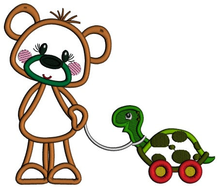 Cute Little Bear With Toy Turtle Applique Machine Embroidery Design Digitized Pattern