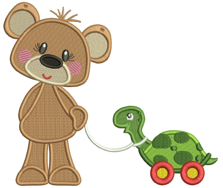 Cute Little Bear With Toy Turtle Filled Machine Embroidery Design Digitized Pattern