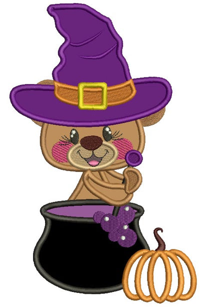 Cute Little Bear Wizard Sitting The Pot With Pumpkin Applique Halloween Machine Embroidery Design Digitized Pattern