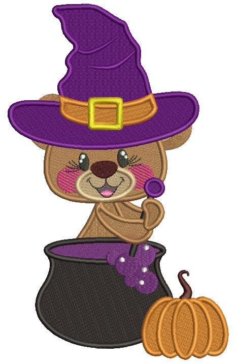 Cute Little Bear Wizard Sitting The Pot With Pumpkin Filled Halloween Machine Embroidery Design Digitized Pattern
