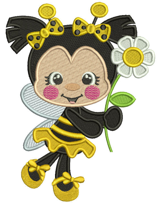 Cute Little Bee Holding a Flower Filled Machine Embroidery Design Digitized Pattern