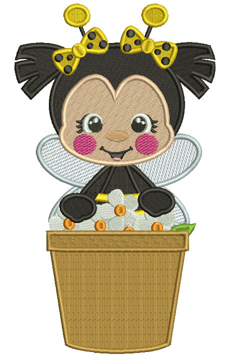 Cute Little Bee Sitting Inside a Flower Pot Filled Machine Embroidery Design Digitized Pattern
