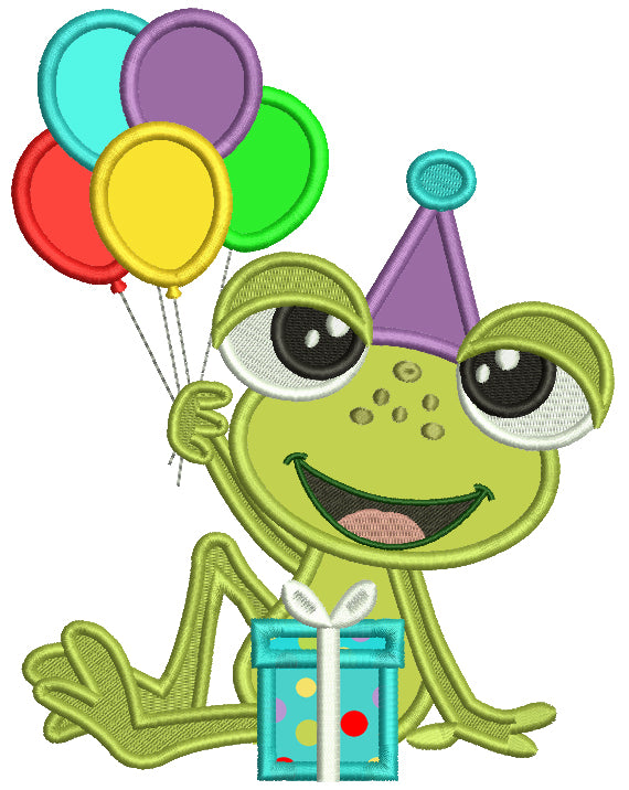Cute Little Birthday Frog Holding Balloons Applique Machine Embroidery Design Digitized Pattern