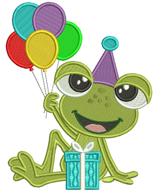 Cute Little Birthday Frog Holding Balloons Filled Machine Embroidery Design Digitized Pattern