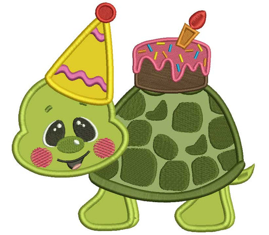 Cute Little Birthday Turtle With Big Birthday Hat Applique Machine Embroidery Design Digitized Pattern