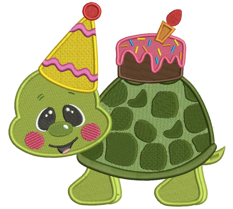 Cute Little Birthday Turtle With Big Birthday Hat Filled Machine Embroidery Design Digitized Pattern
