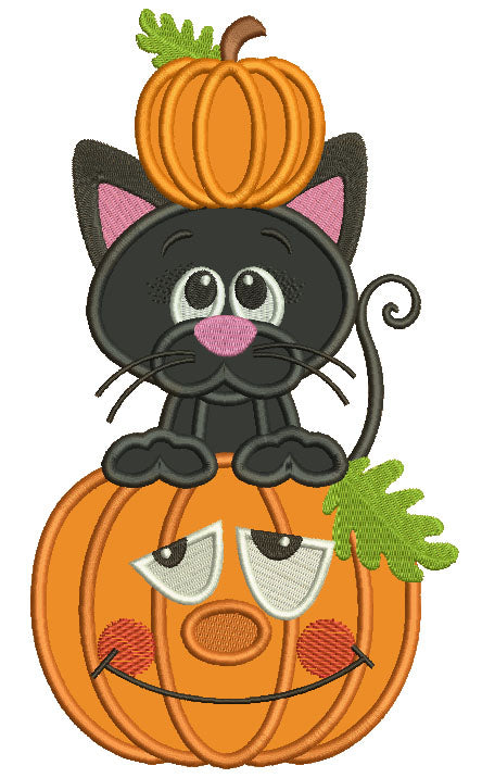 Cute Little Black Cat Sitting Inside Pumpkin With a Pumpkin on Top Of His Head Halloween Applique Machine Embroidery Design Digitized Pattern