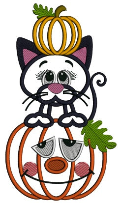 Cute Little Black Cat Sitting Inside Pumpkin With a Pumpkin on Top Of His Head Halloween Applique Machine Embroidery Design Digitized Pattern