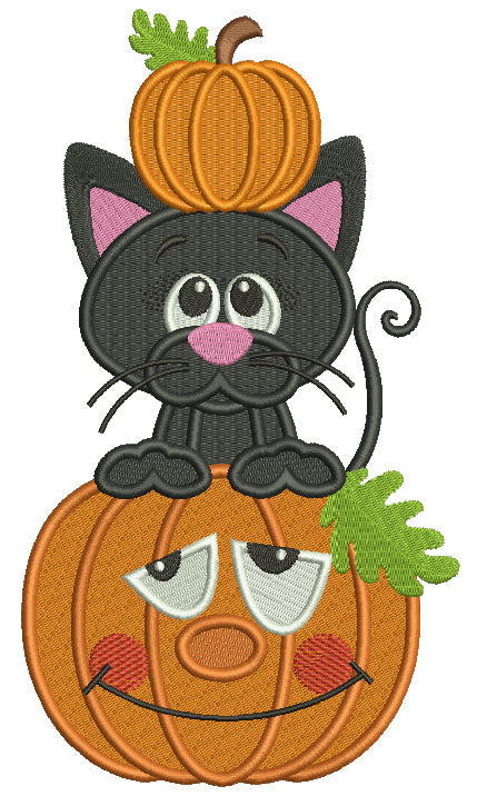 Cute Little Black Cat Sitting Inside Pumpkin With a Pumpkin on Top Of His Head Halloween Filled Machine Embroidery Design Digitized Pattern