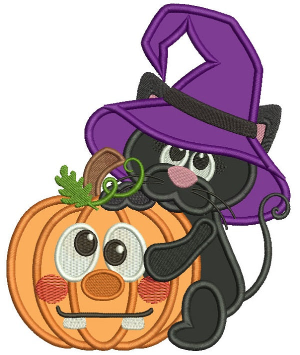 Cute Little Black Kitten Hugging Pumpkin Halloween Applique Machine Embroidery Design Digitized Pattern