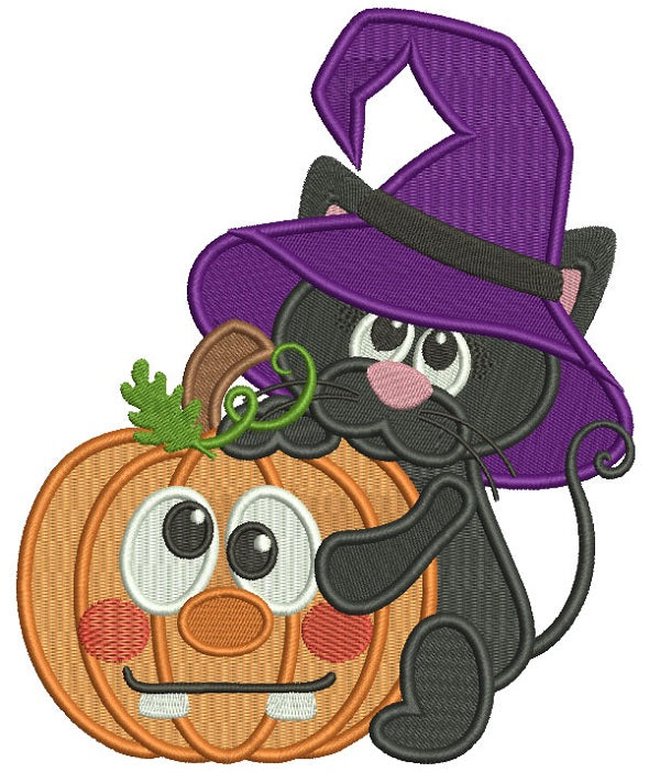 Cute Little Black Kitten Hugging Pumpkin Halloween Filled Machine Embroidery Design Digitized Pattern