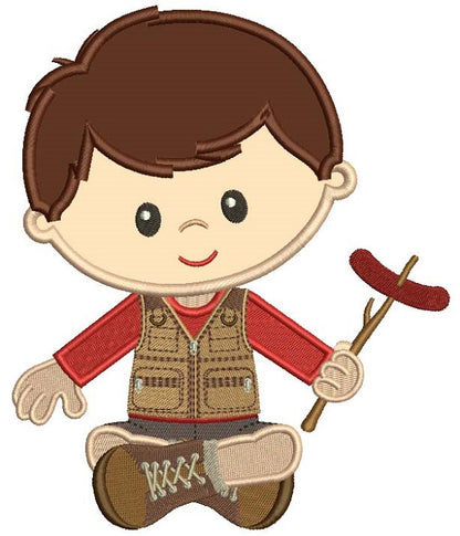 Cute Little Boy Camping Holding Sausage On The Stick Applique Machine Embroidery Design Digitized Pattern