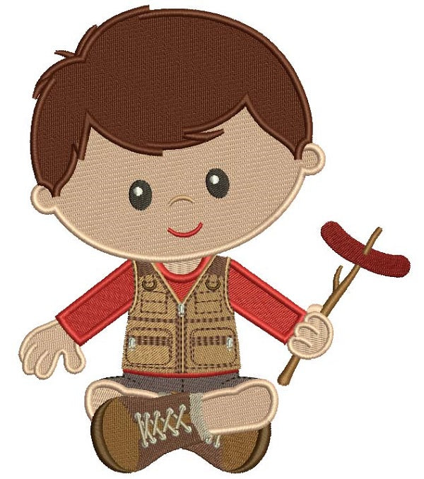 Cute Little Boy Camping Holding Sausage On The Stick Filled Machine Embroidery Design Digitized Pattern