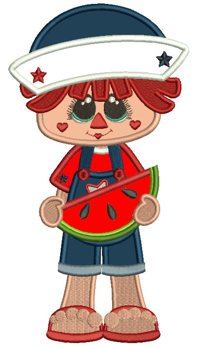 Cute Little Boy Holding a Watermelon Applique Machine Embroidery Design Digitized Pattern