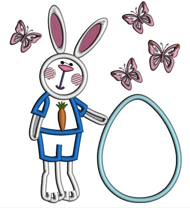 Cute Little Bunny Boy Standing Next To Easter Egg Applique Machine Embroidery Design Digitized Pattern