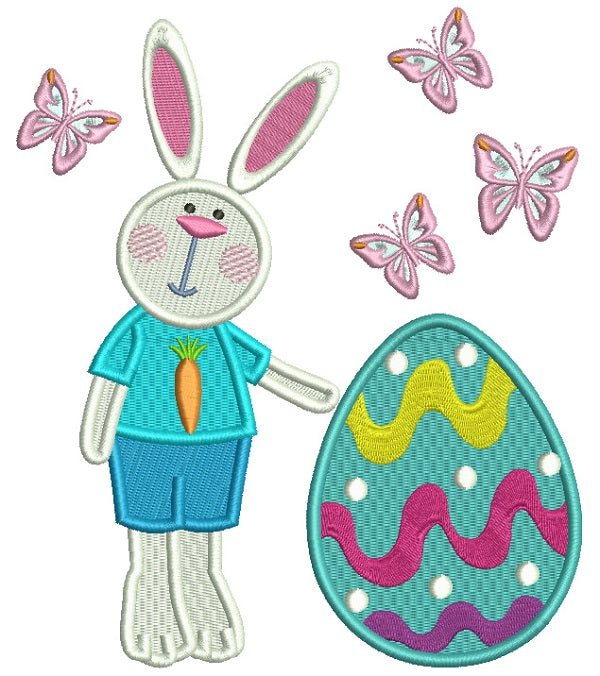 Cute Little Bunny Boy Standing Next To Easter Egg Filled Machine Embroidery Design Digitized Pattern
