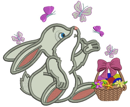 Cute Little Bunny Catching Butterflies Easter Applique Machine Embroidery Design Digitized Pattern