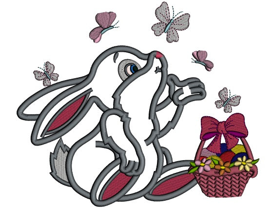 Cute Little Bunny Catching Butterflies Easter Applique Machine Embroidery Design Digitized Pattern