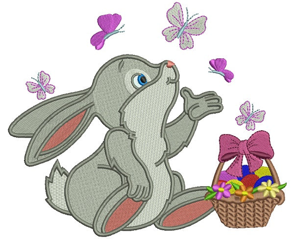 Cute Little Bunny Catching Butterflies Easter Filled Machine Embroidery Design Digitized Pattern