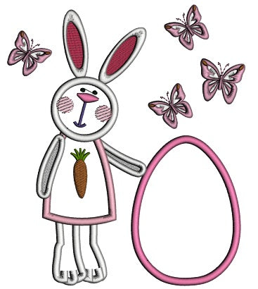 Cute Little Bunny Girl Standing Next To Easter Egg Applique Machine Embroidery Design Digitized Pattern