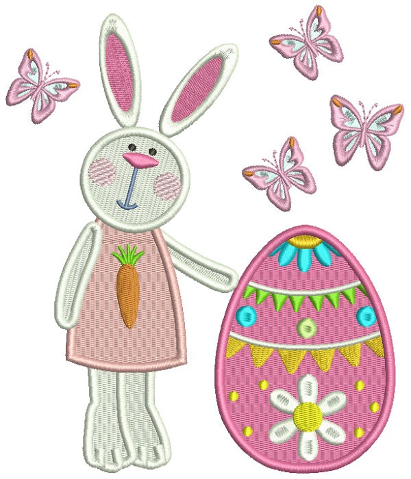 Cute Little Bunny Girl Standing Next To Easter Egg Filled Machine Embroidery Design Digitized Pattern