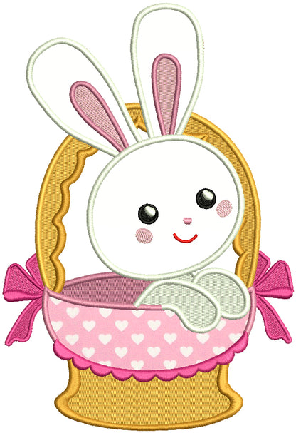 Cute Little Bunny Inside Basket With a Cute Bow Applique Machine Embroidery Design Digitized Pattern