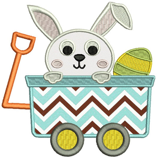 Cute Little Bunny Sitting Inside Wagon With an Easter Egg Applique Machine Embroidery Design Digitized Pattern